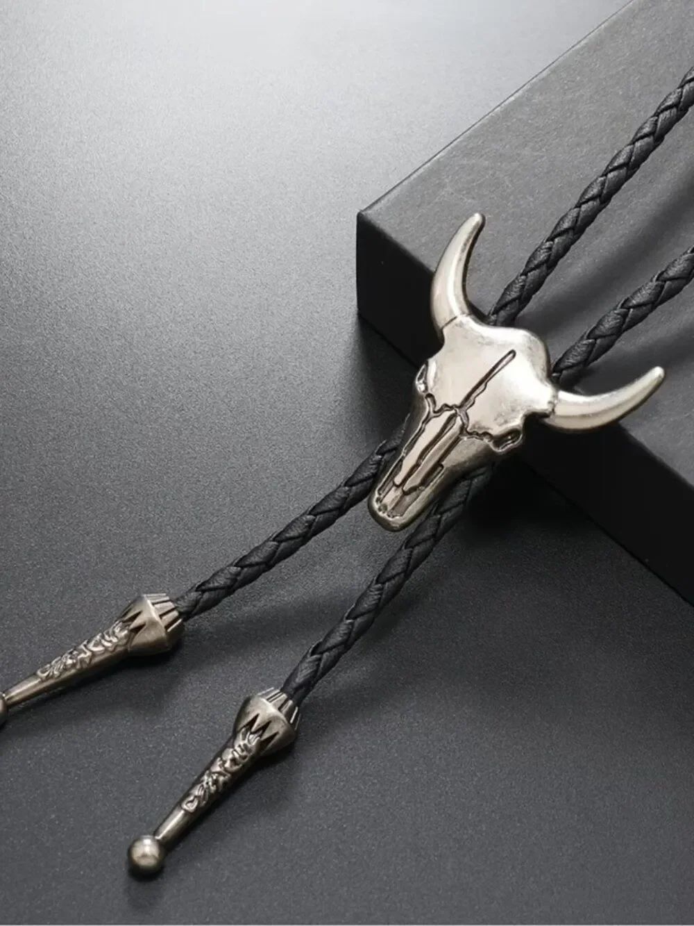 NWT American West Longhorn Skull Bolo Tie Aged Silver Black Braided Cord